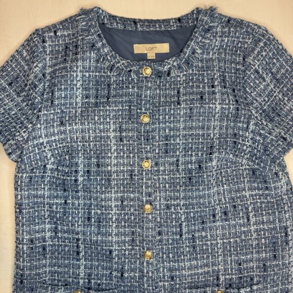 LOFT Womens Tweed Mini Pocket Dress 12 Blue Gold Buttons Fringe Old Money 60s - Picture 7 of 16